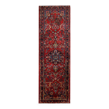 Handmade Red Floral Wool Runner, Vintage Mid-Century Stair & Hallway Rug
