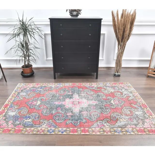 Vintage Turkish Hand-Knotted Geometric Runner Rug 123x209