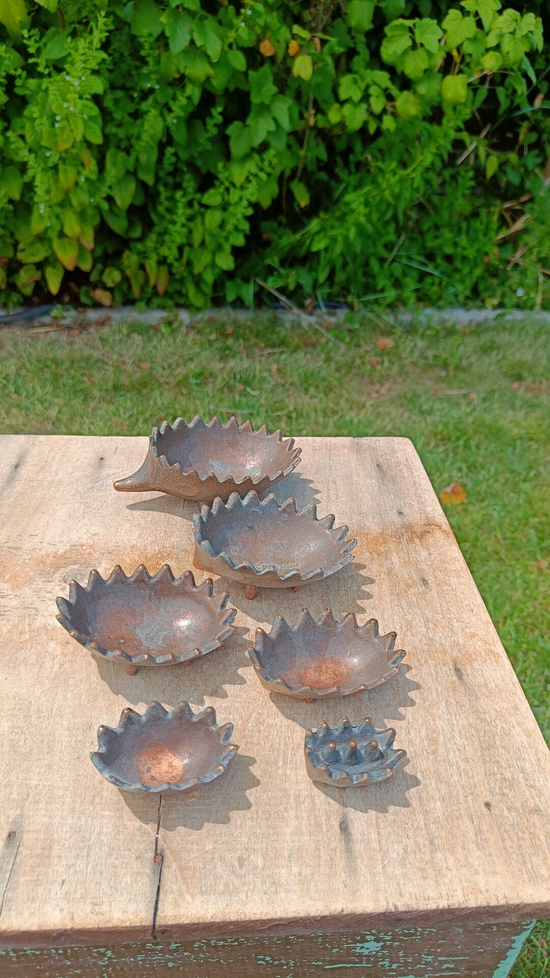 Vintage patinated metal hedgehog ashtrays – Greece