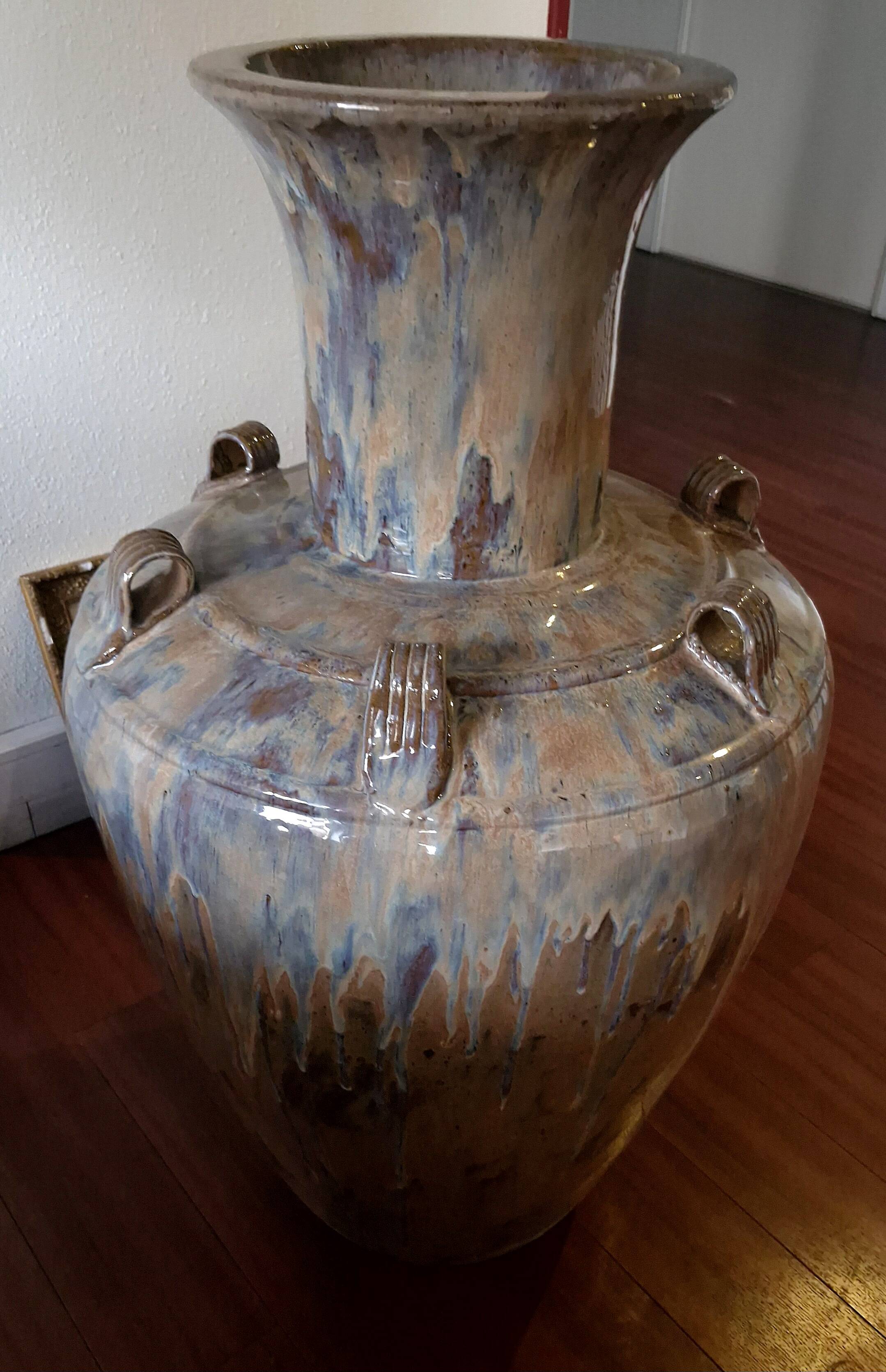 Large handled jar in glazed terracotta