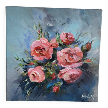 Tableau Huile sur toile Bouquet de roses signé Paumier