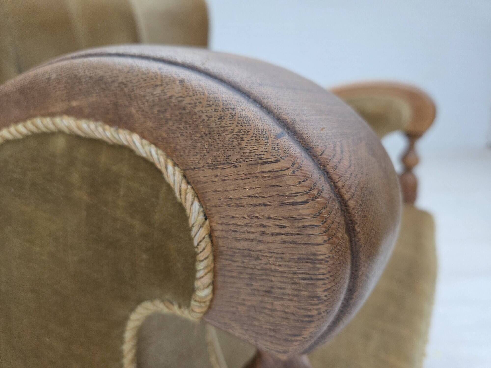 1960s, Danish armchair, green furniture velour, solid carved oak wood.
