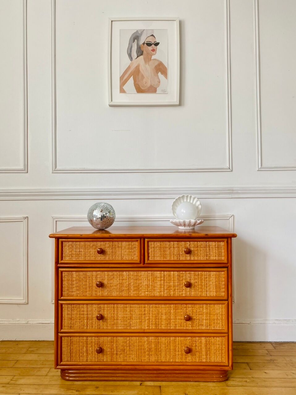 Chest of drawers in rattan and bamboo