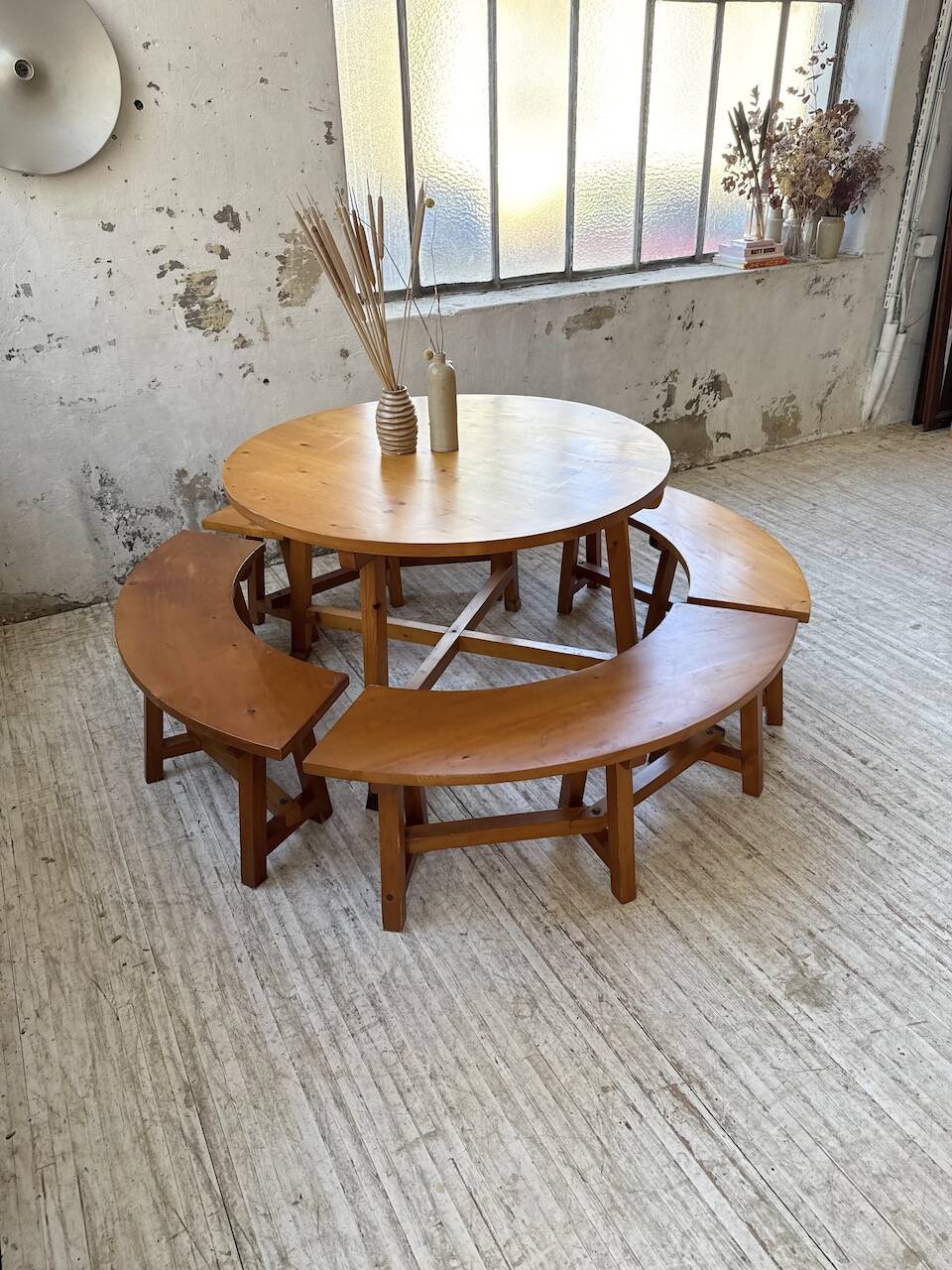 Set of round table and 4 rounded benches, 1950