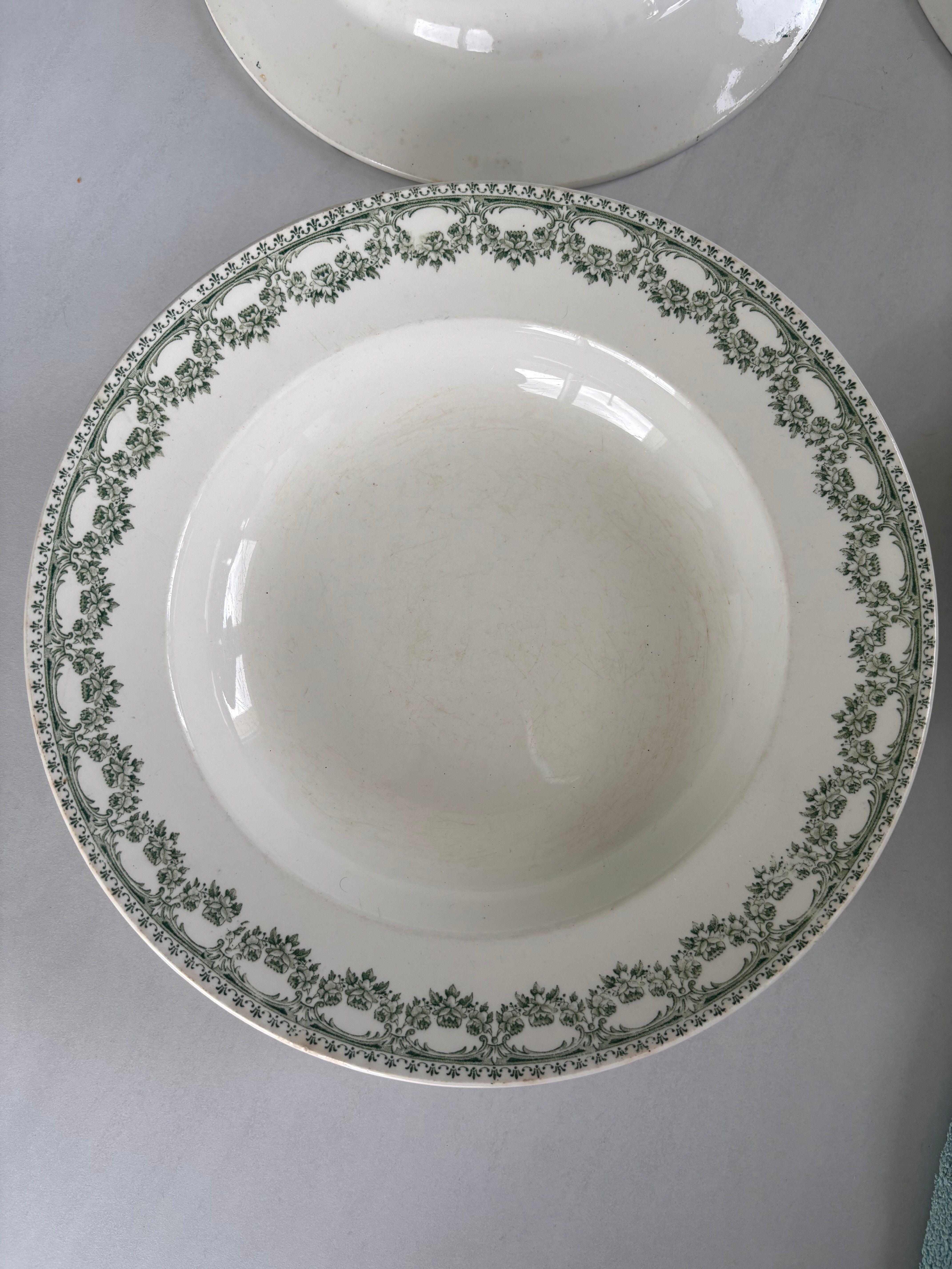 Set of 6 blue and green ironstone deep plates, French earthenware.