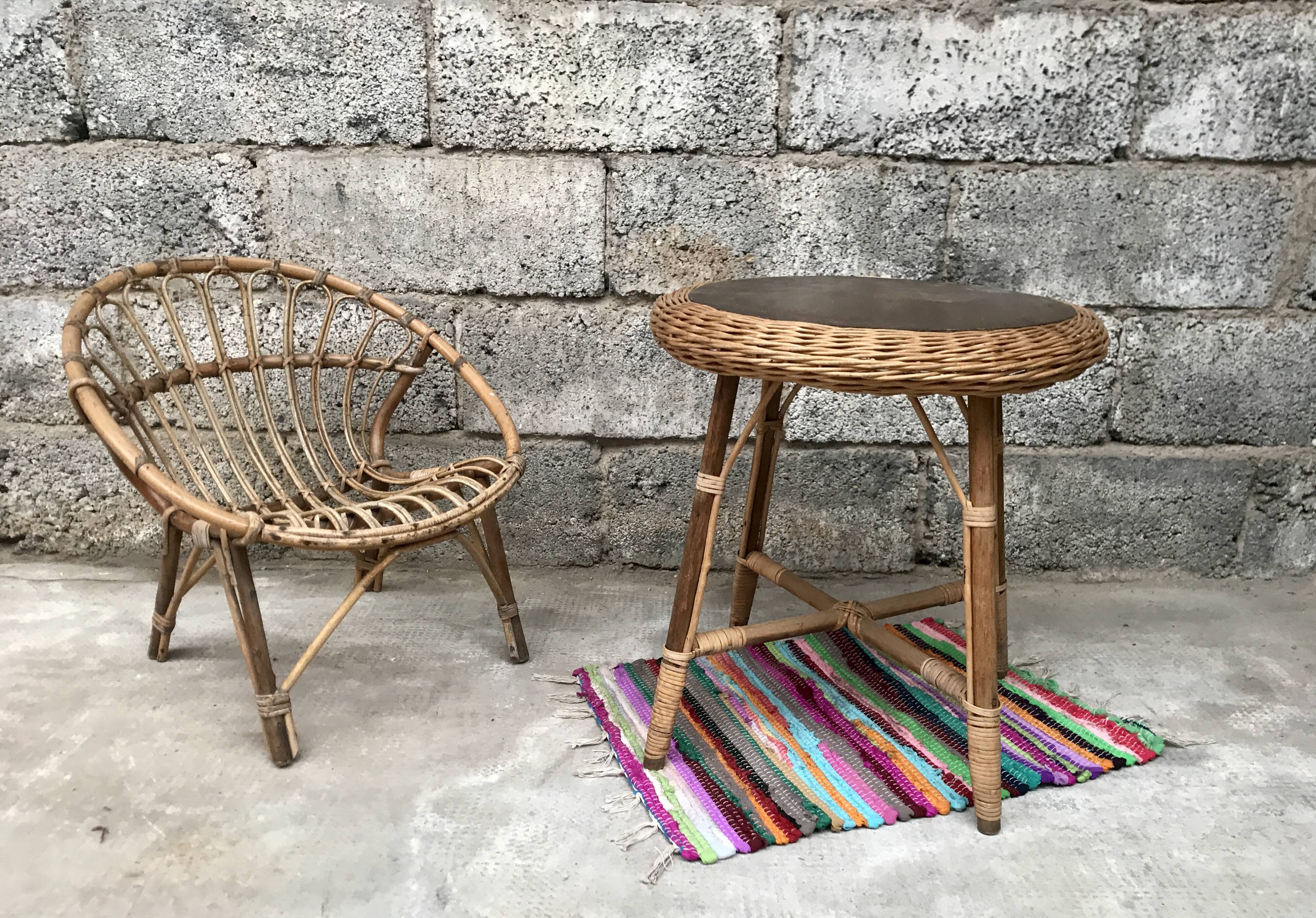 Vintage side table in bohemian old rattan wicker 1950
