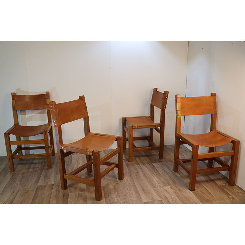 Série de 4 chaises vintage maison regain en orme et cuir 1970