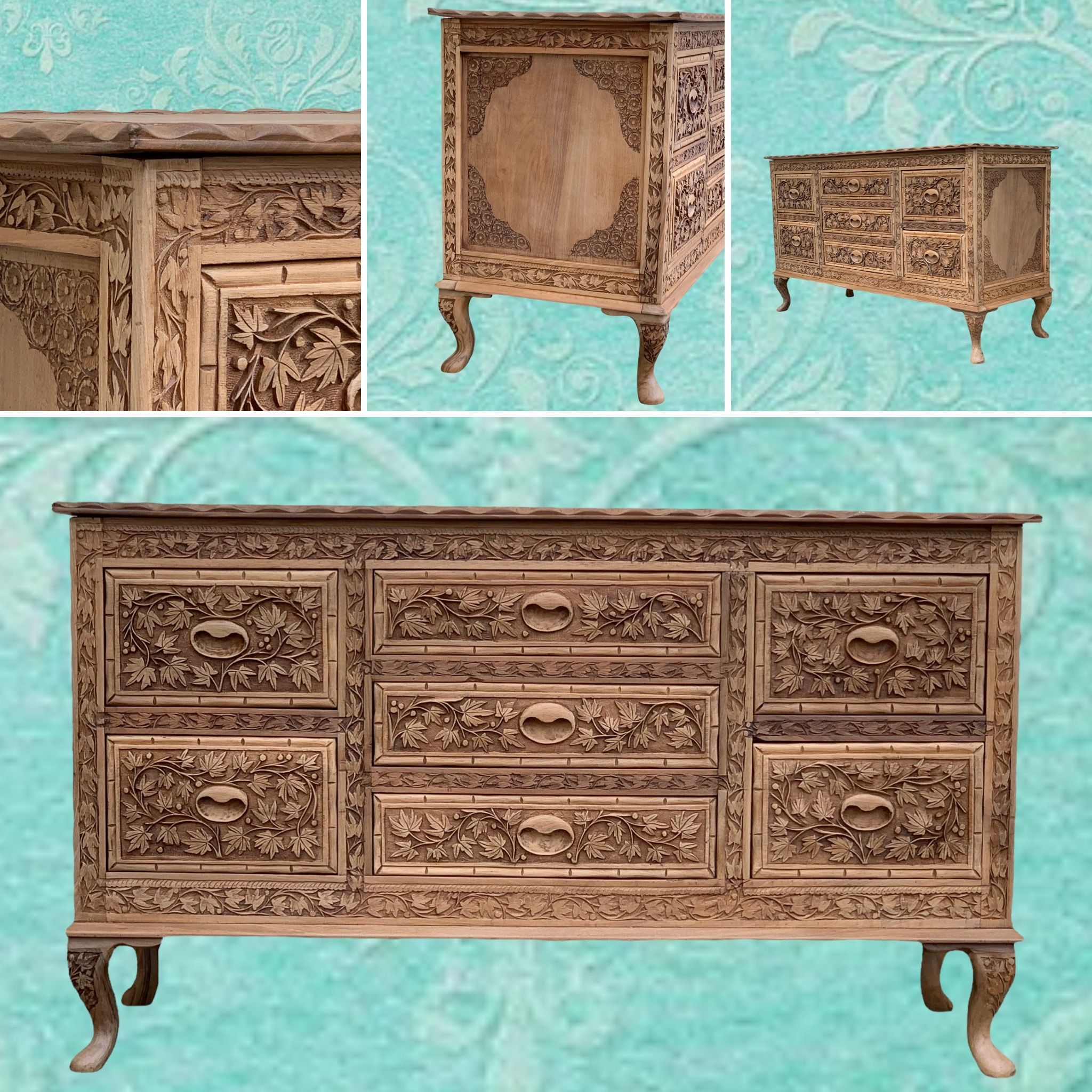 Commode vintage basse Padouk Massif sculpté 1950