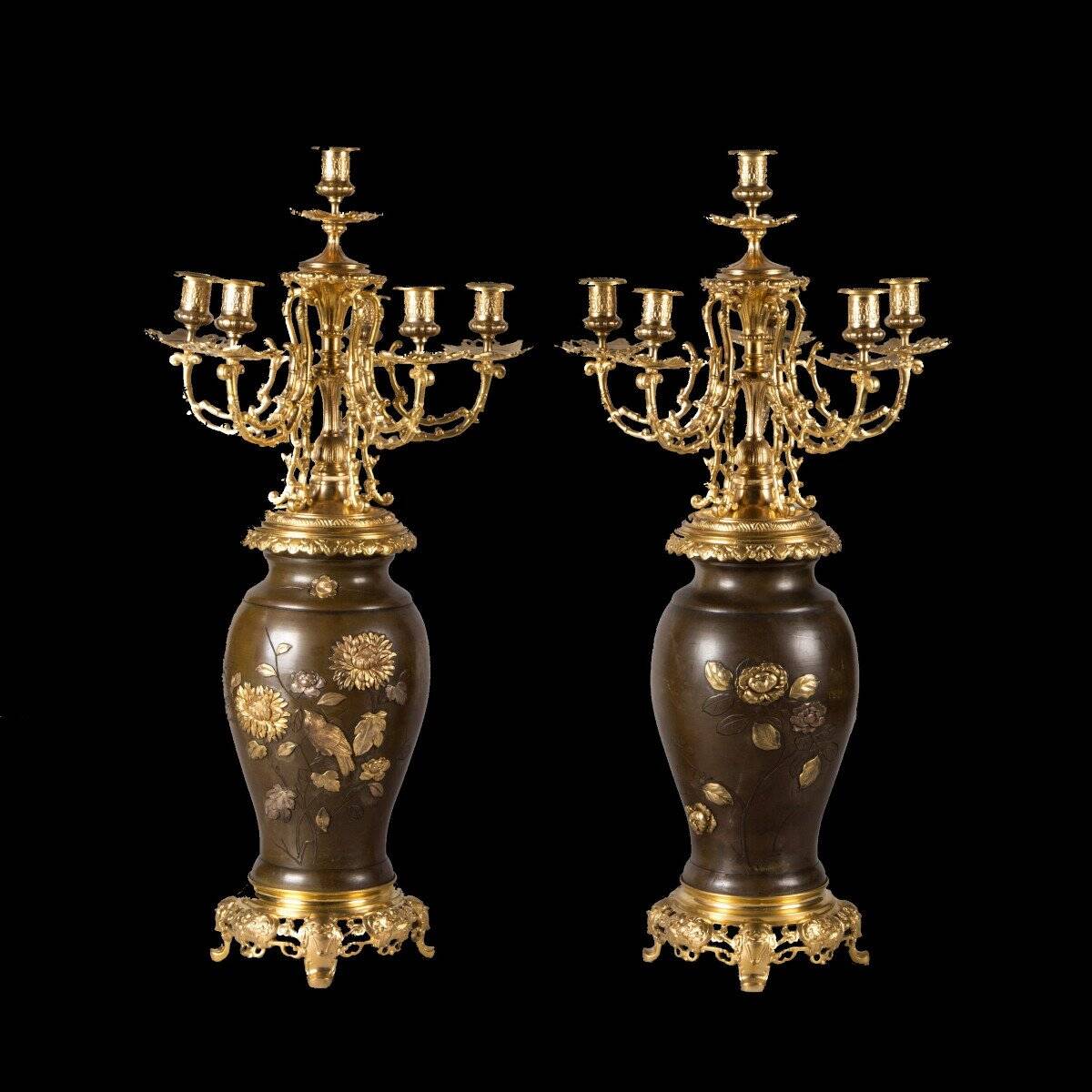 Pair of Japanese Candelabra - Meiji Base with Shakudo Decoration