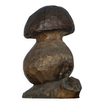 Grand champignon en bois sculpté à la main - Décoration maison vintage brutaliste - Art populaire des années 1950
