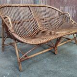 Vintage rattan and bamboo bench