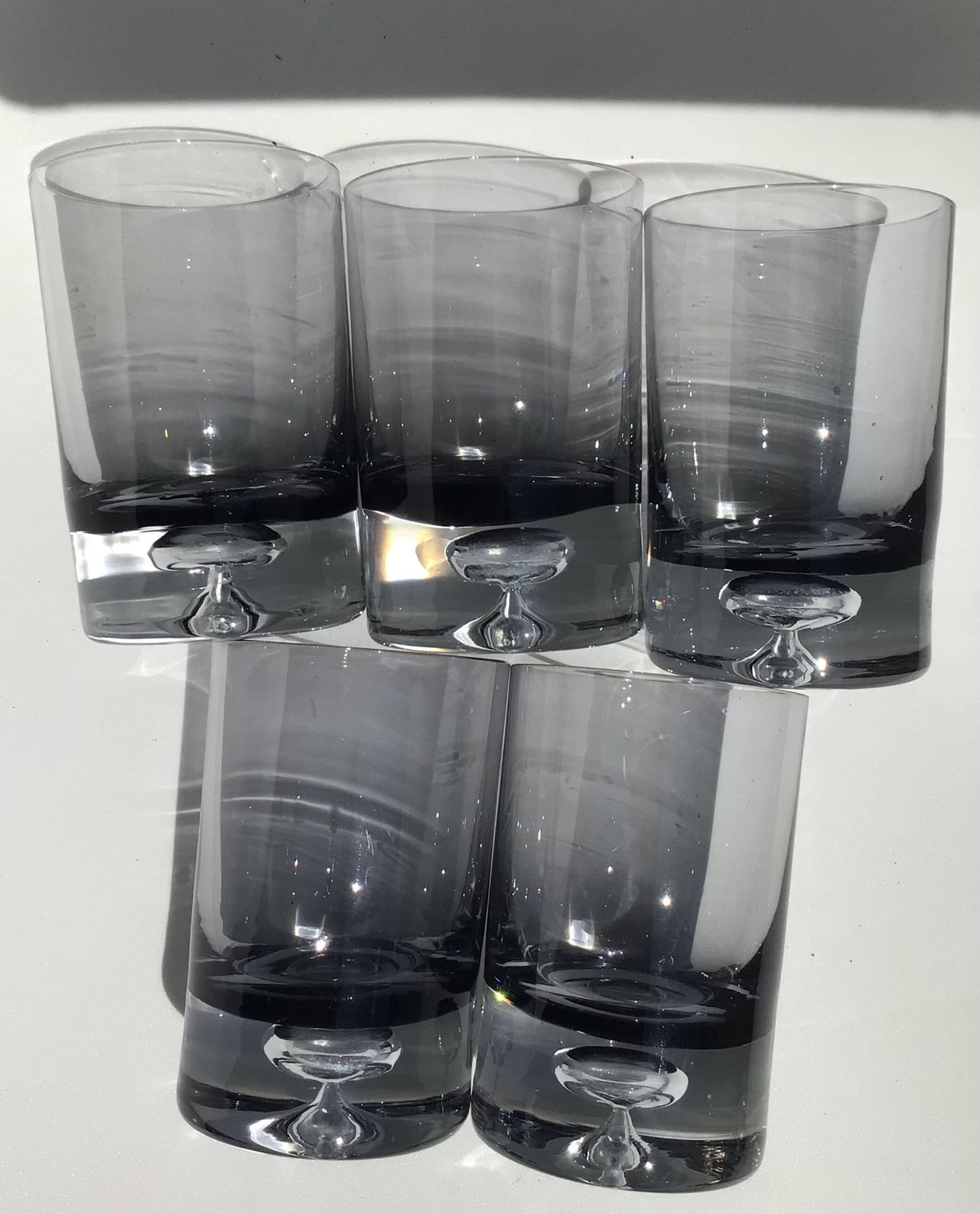 5 70's large bubble black smoked whiskey glasses