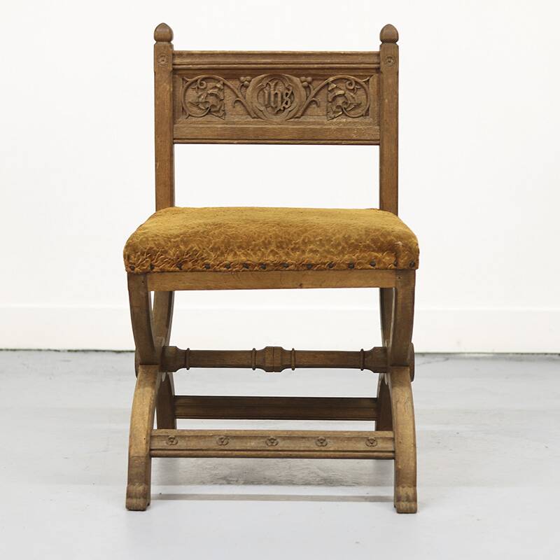 Antique Oak Chair with Gothic and Religious Carvings