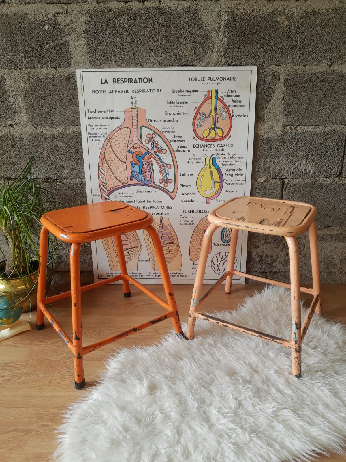Pair of low metal stools industrial workshop - vintage