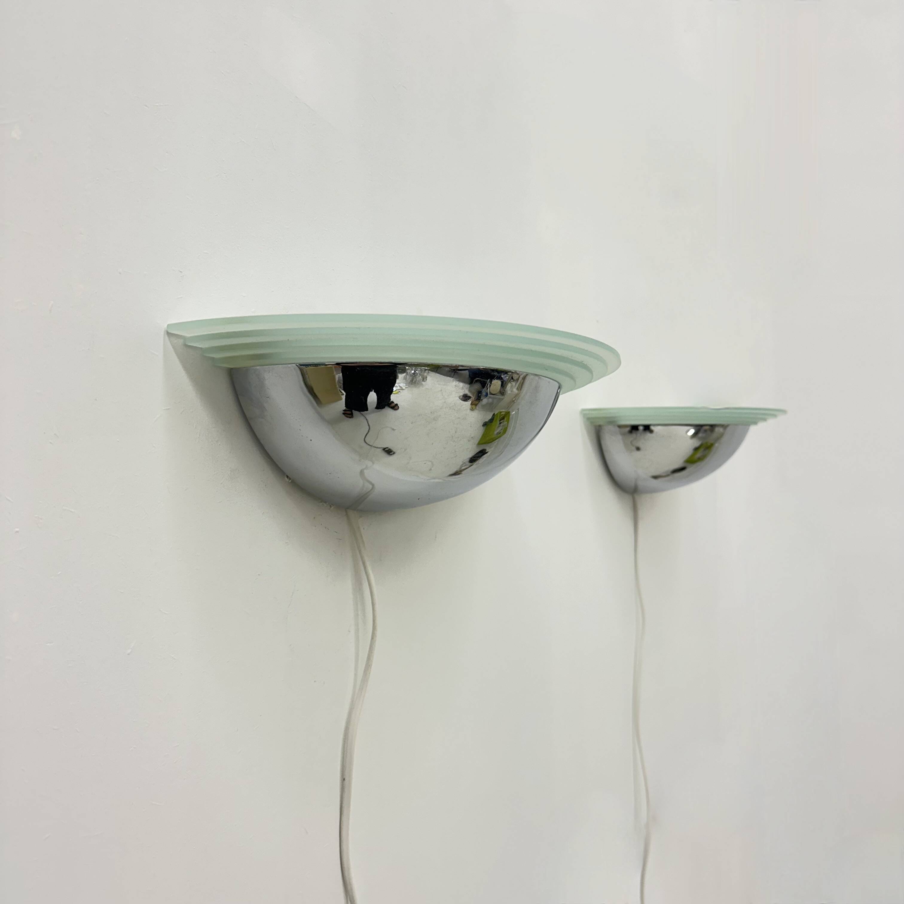 Pair of post modern wall lamps chrome and glass , 1980s