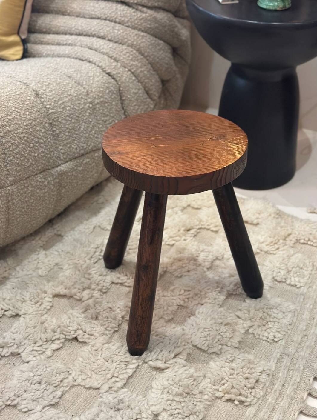 Vintage brutalist tripod stool compass legs - wood
