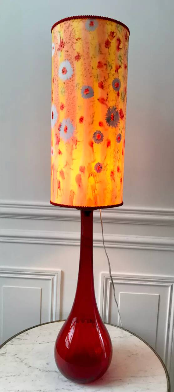 Large red Murano style Italian blown glass lamp and seventies lampshade from the 70s