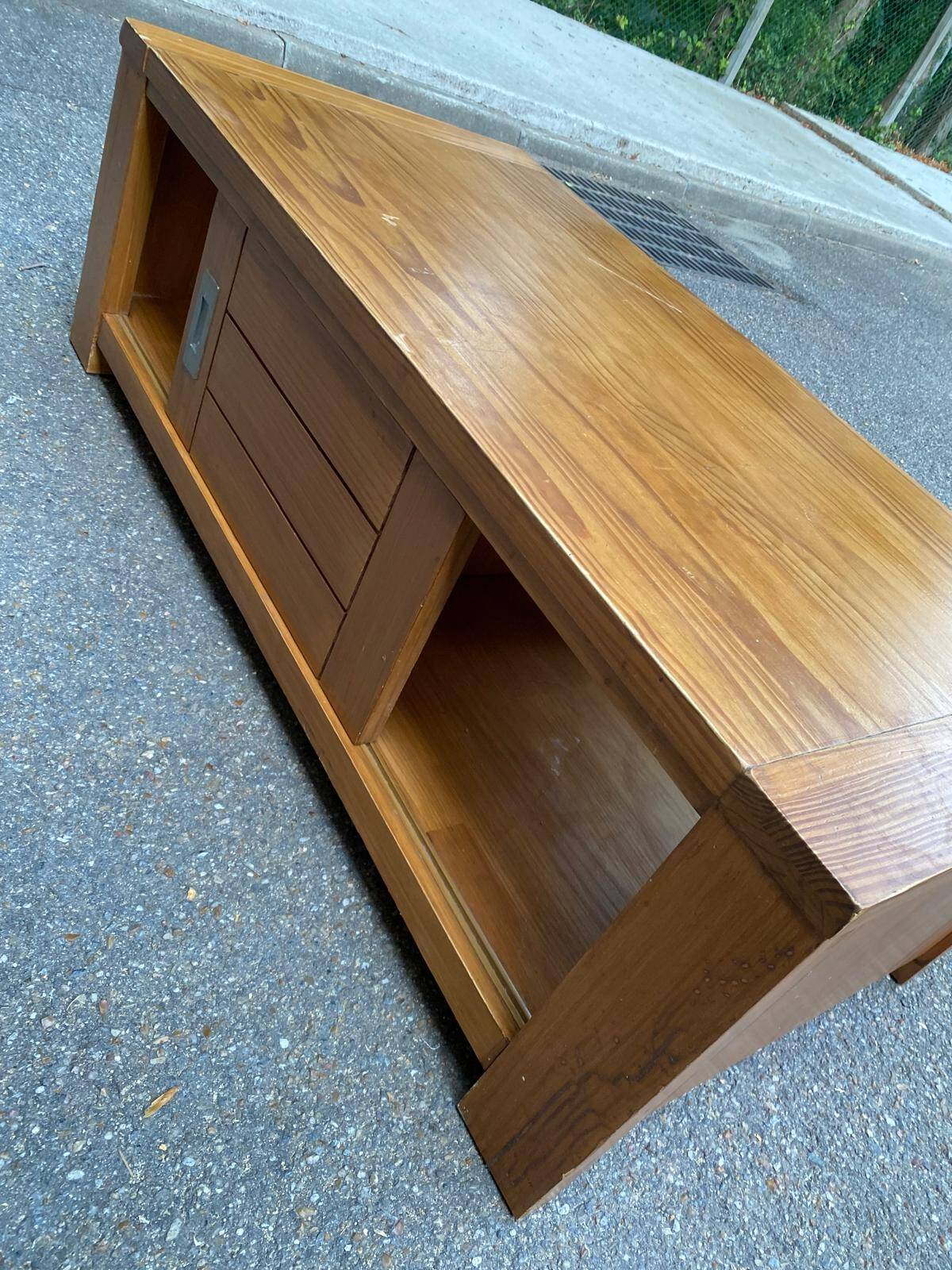 Solid wood coffee table with sliding door, stained pine, 120x60cm.