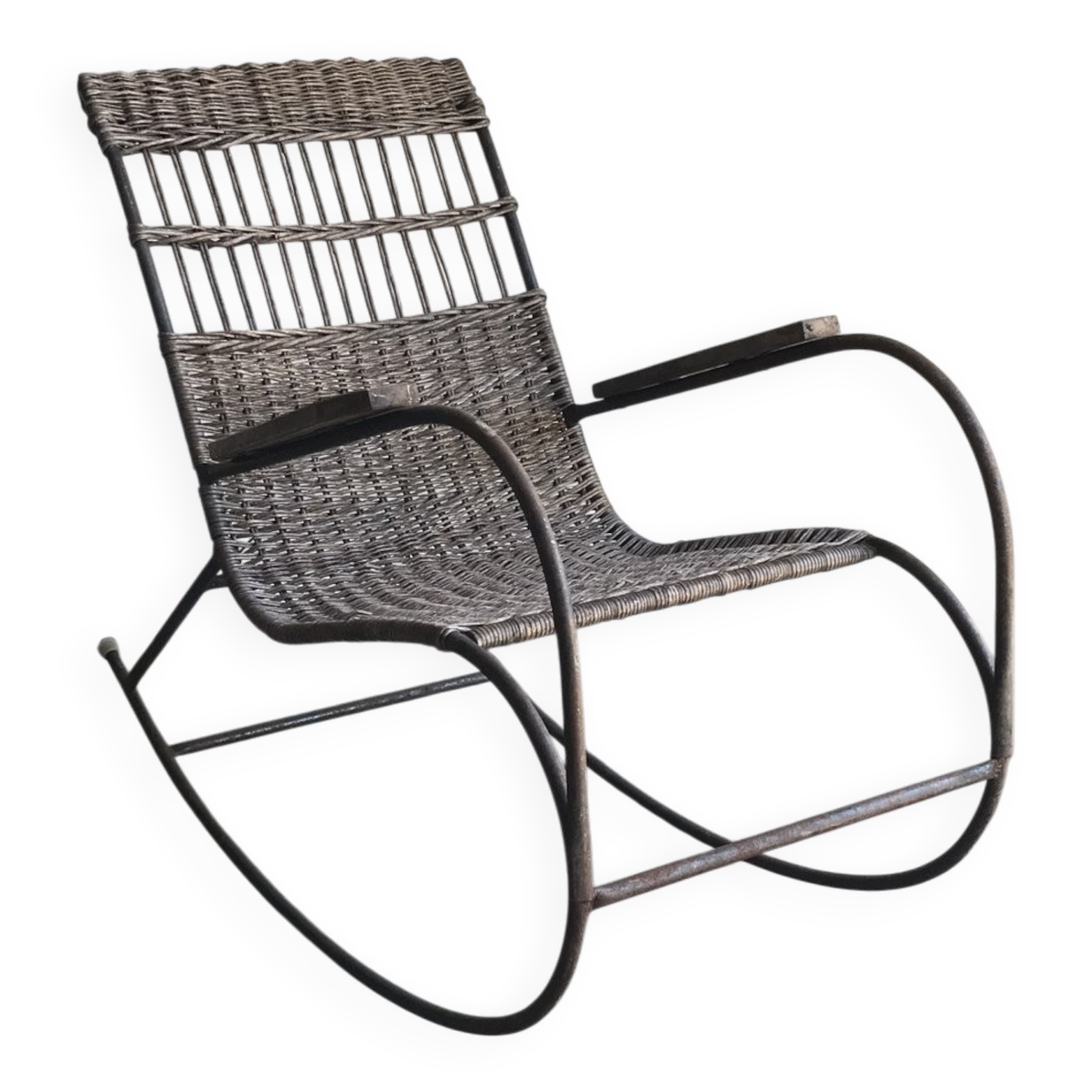 Vintage rocking chair in curved wood and black steel - 1960s, Czech design