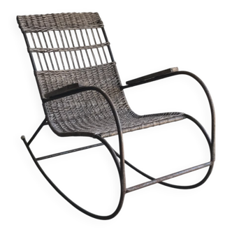 Vintage rocking chair in curved wood and black steel - 1960s, Czech design