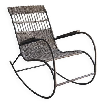 Rocking-chair vintage en bois courbé et acier noir - 1960s, design tchèque