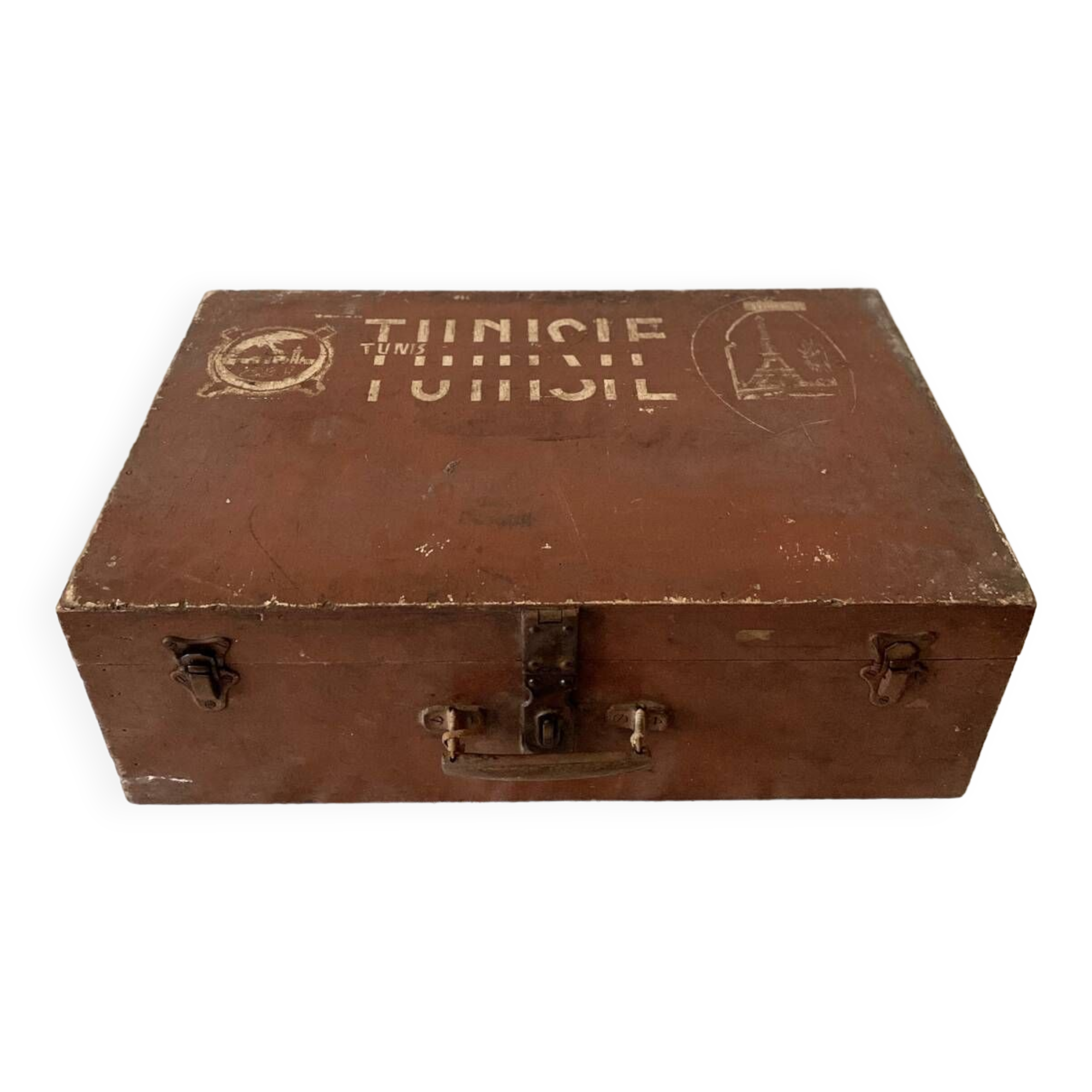 Large wooden trunk suitcase with Tunisia inscription