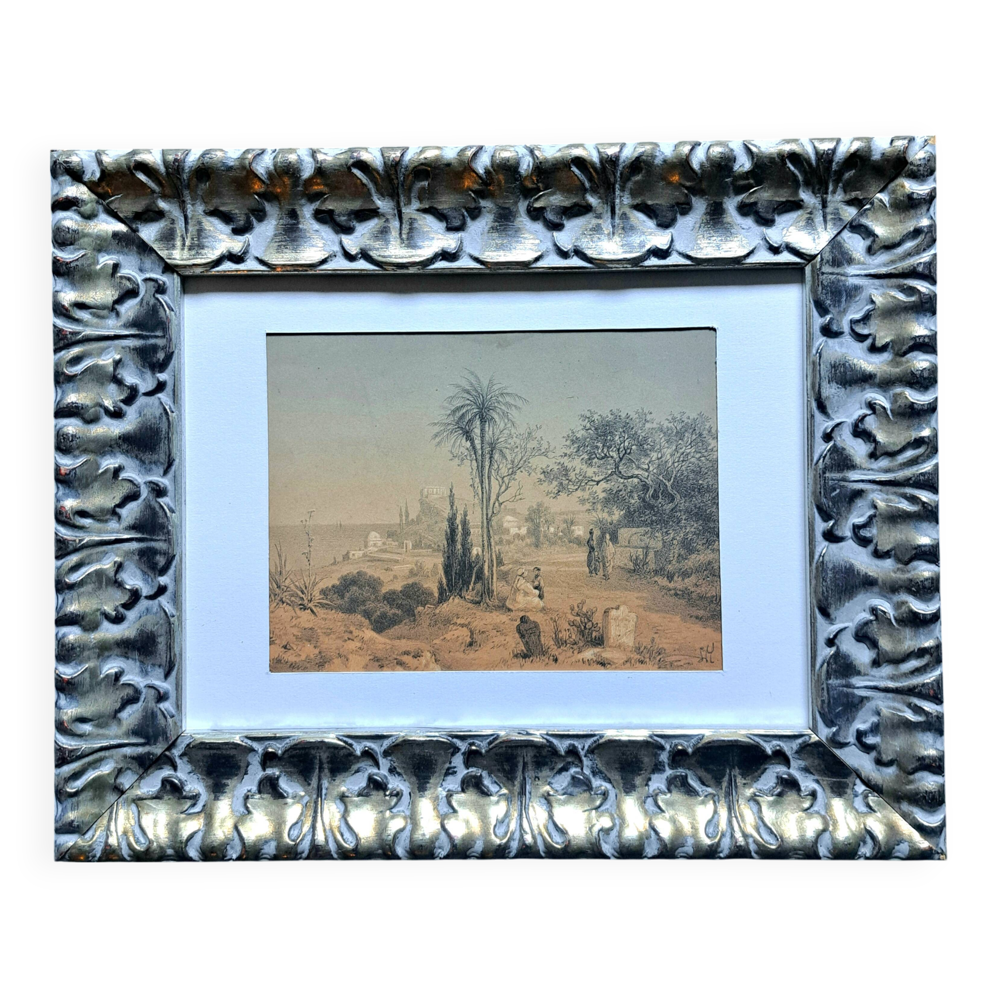 19th century orientalist painting, Algerian landscape, signed watercolor drawing