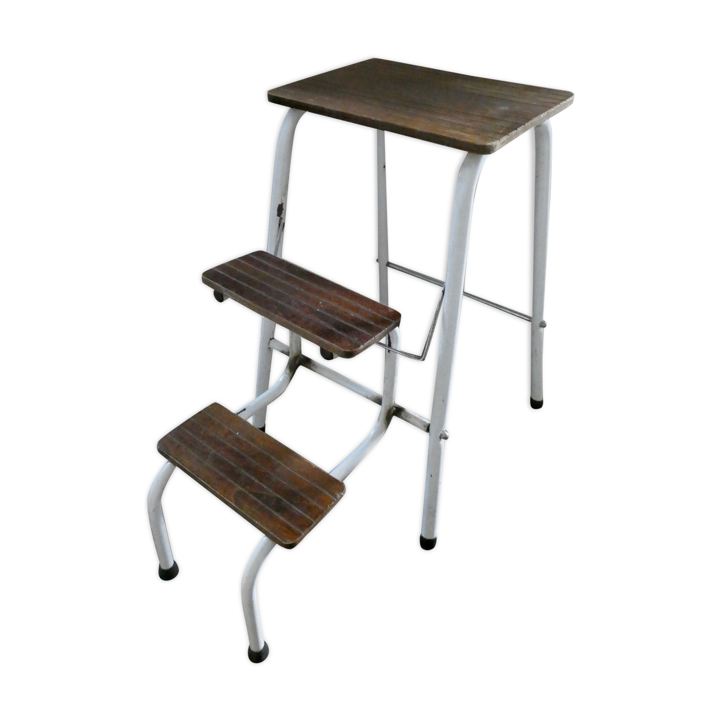 Stool step stool with 3 steps in wood and metal, 1960s