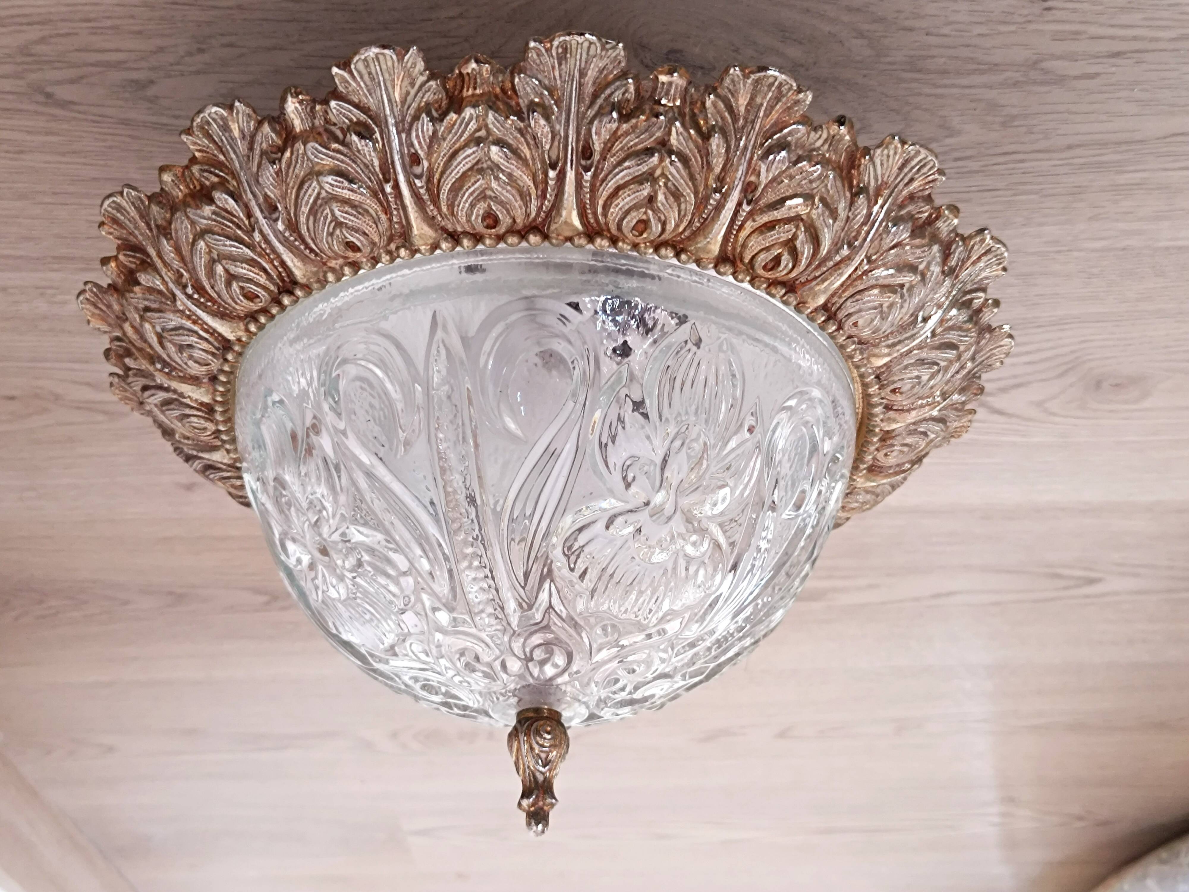 1960s molded glass ceiling light with brass crown
