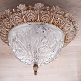 1960s molded glass ceiling light with brass crown