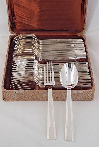 Christofle Gabon, Art Deco, 12 table settings, 24 pieces in silver-plated metal.