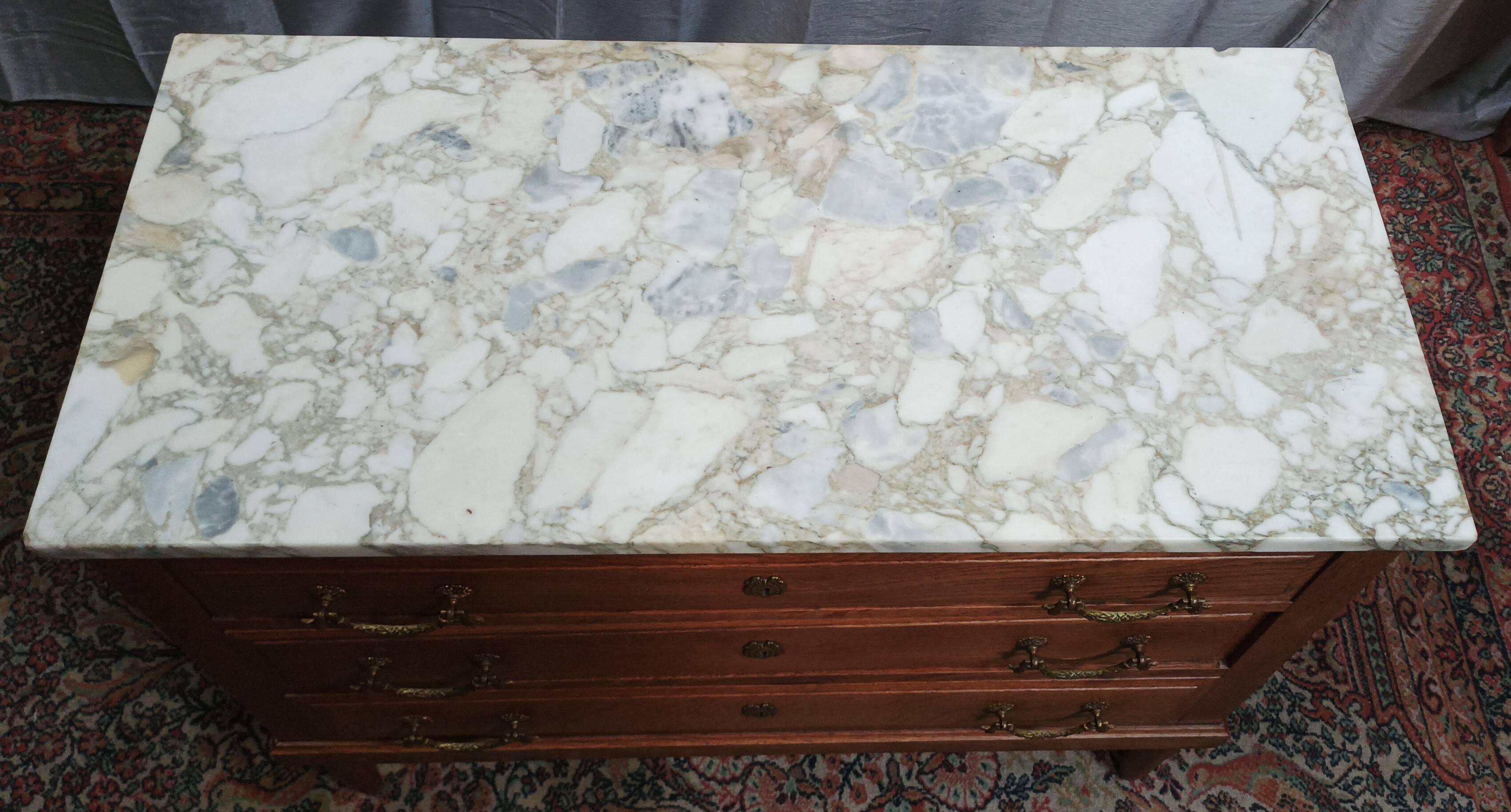 Louis XVI style chest of drawers in oak and marble top
