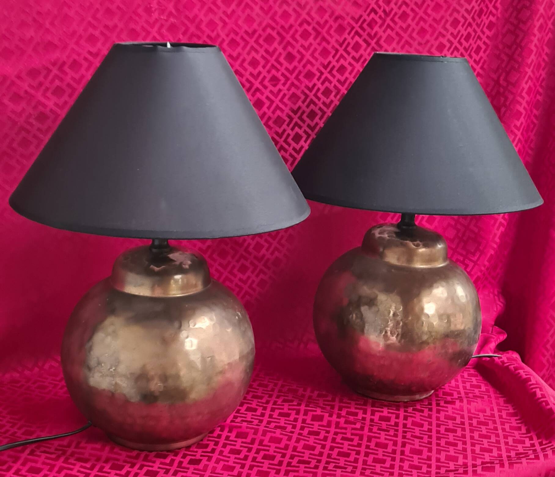 pair of hammered copper bedside lamps 41x30 very good condition elec ok