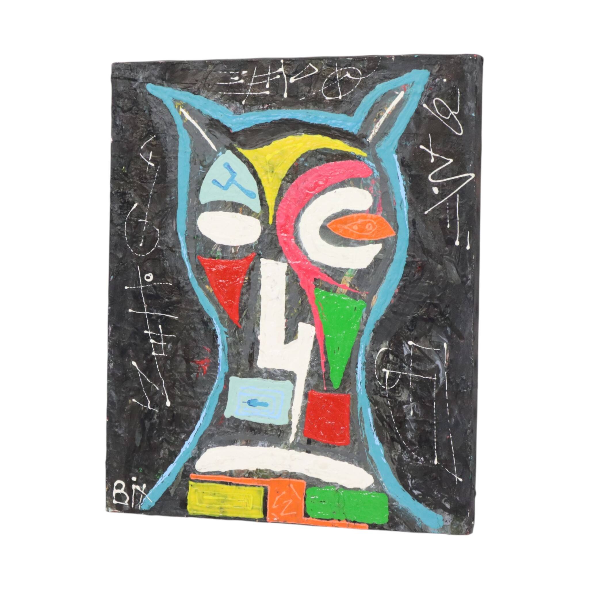 Abstract Owl Painting on Canvas – Contemporary Art – 55 cm