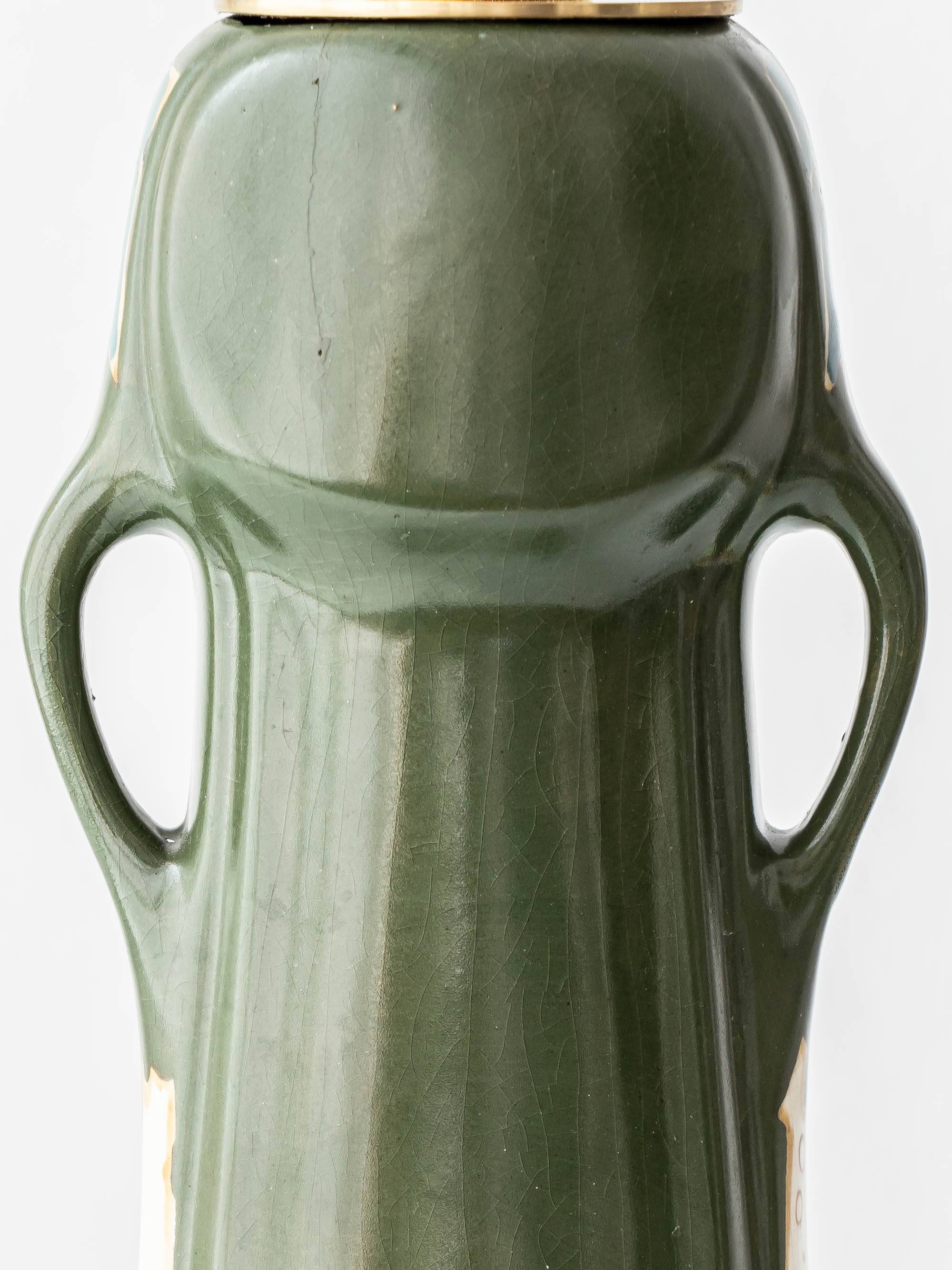Pair of Dutch Art Nouveau Ceramic Table Lamps, circa 1915, with New Ochre Linen Shades