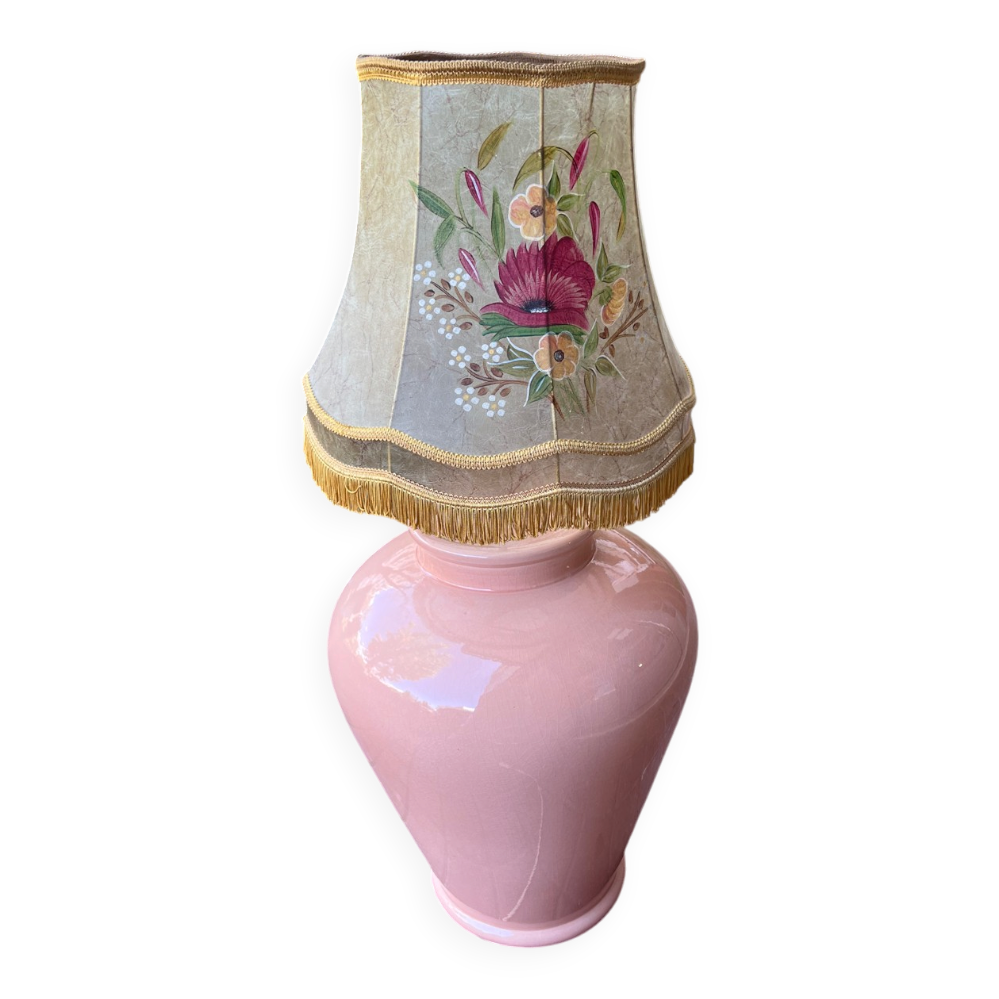 Large vintage ceramic pink pot lamp – Hand-painted lampshade