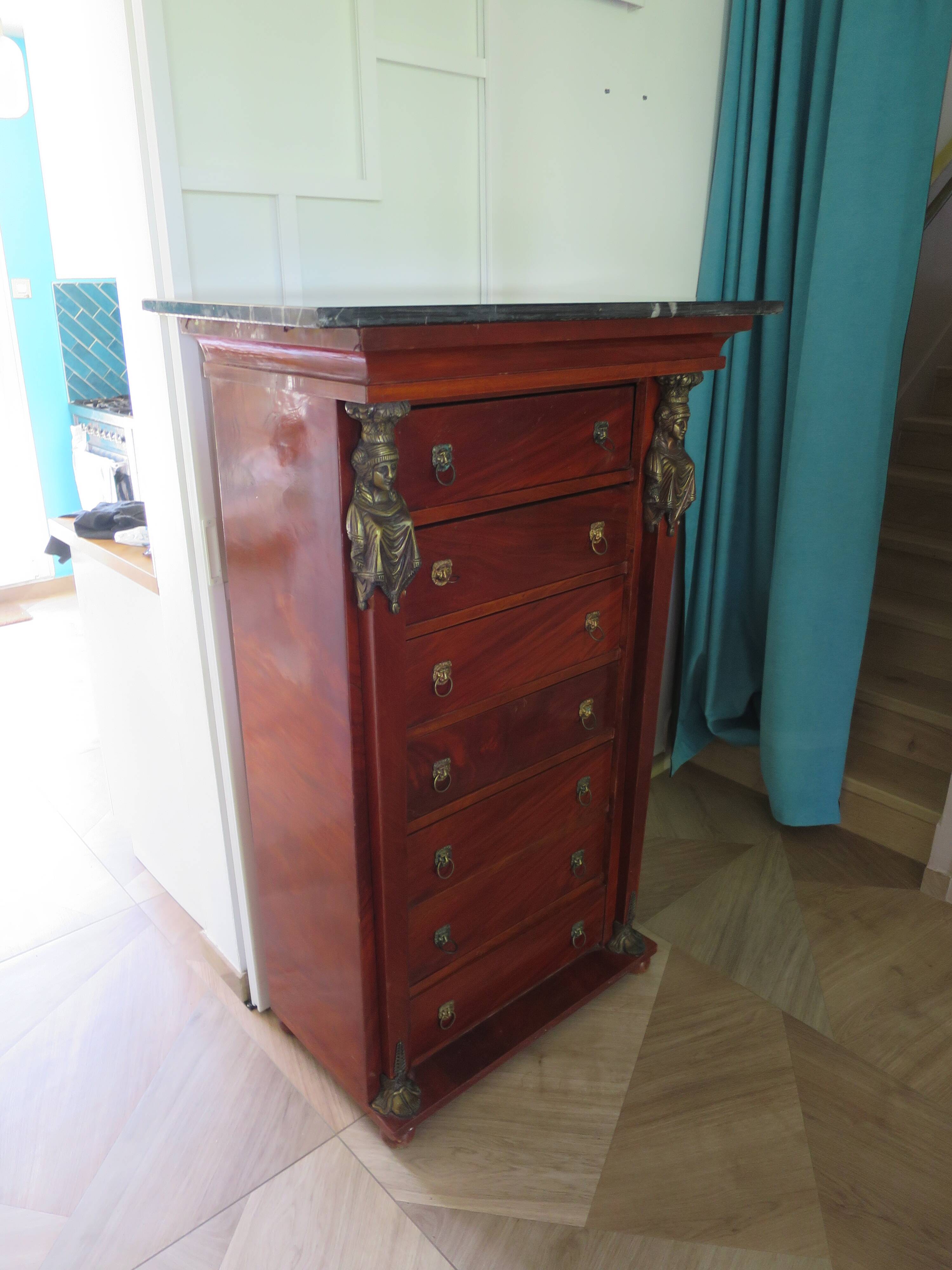 Antique Weekly Planner/Empire Style Commode-Caryatid-Patinated Bronze - 1950