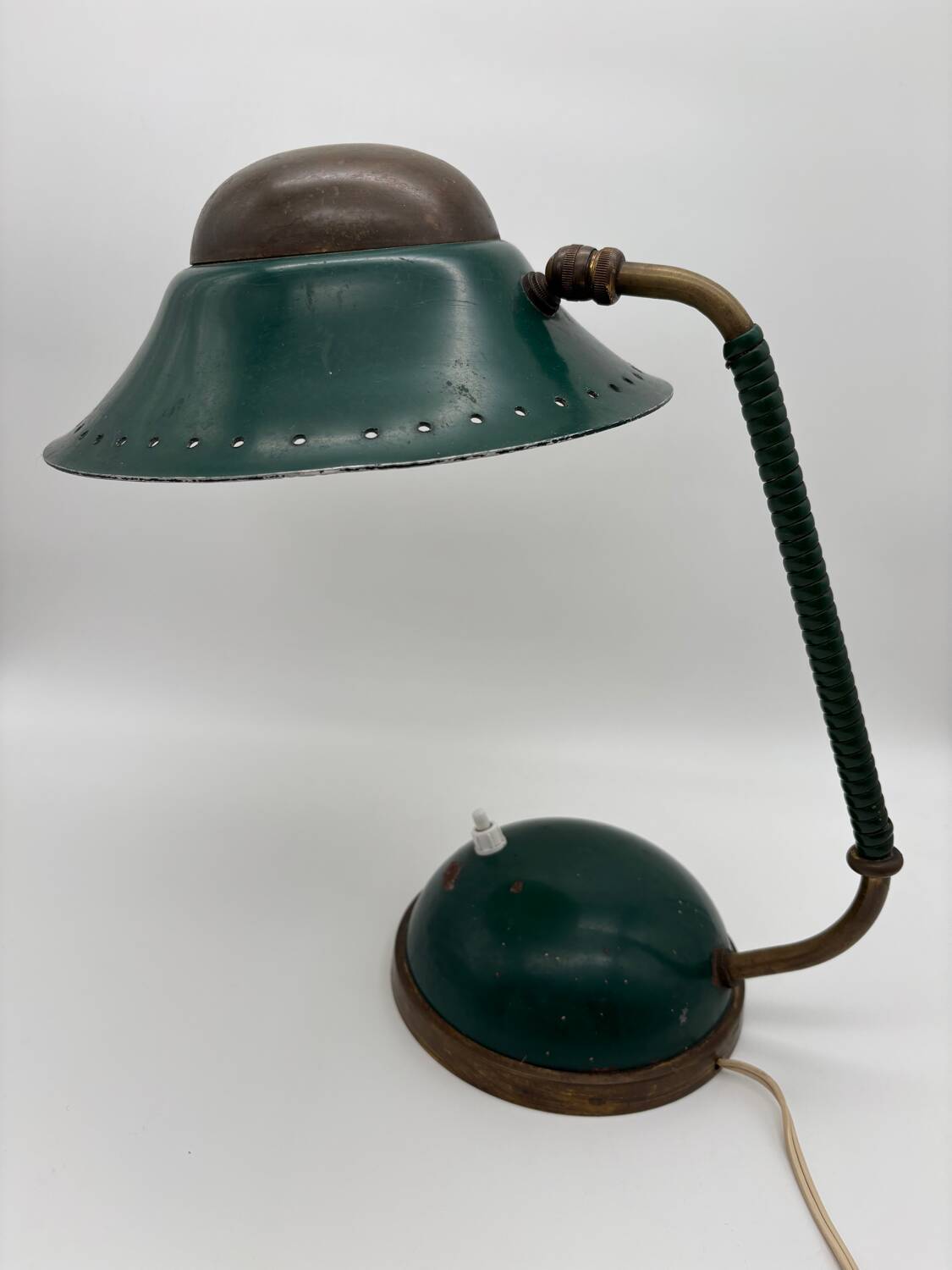 1960s cocotte desk lamp, green and brass, table lamp