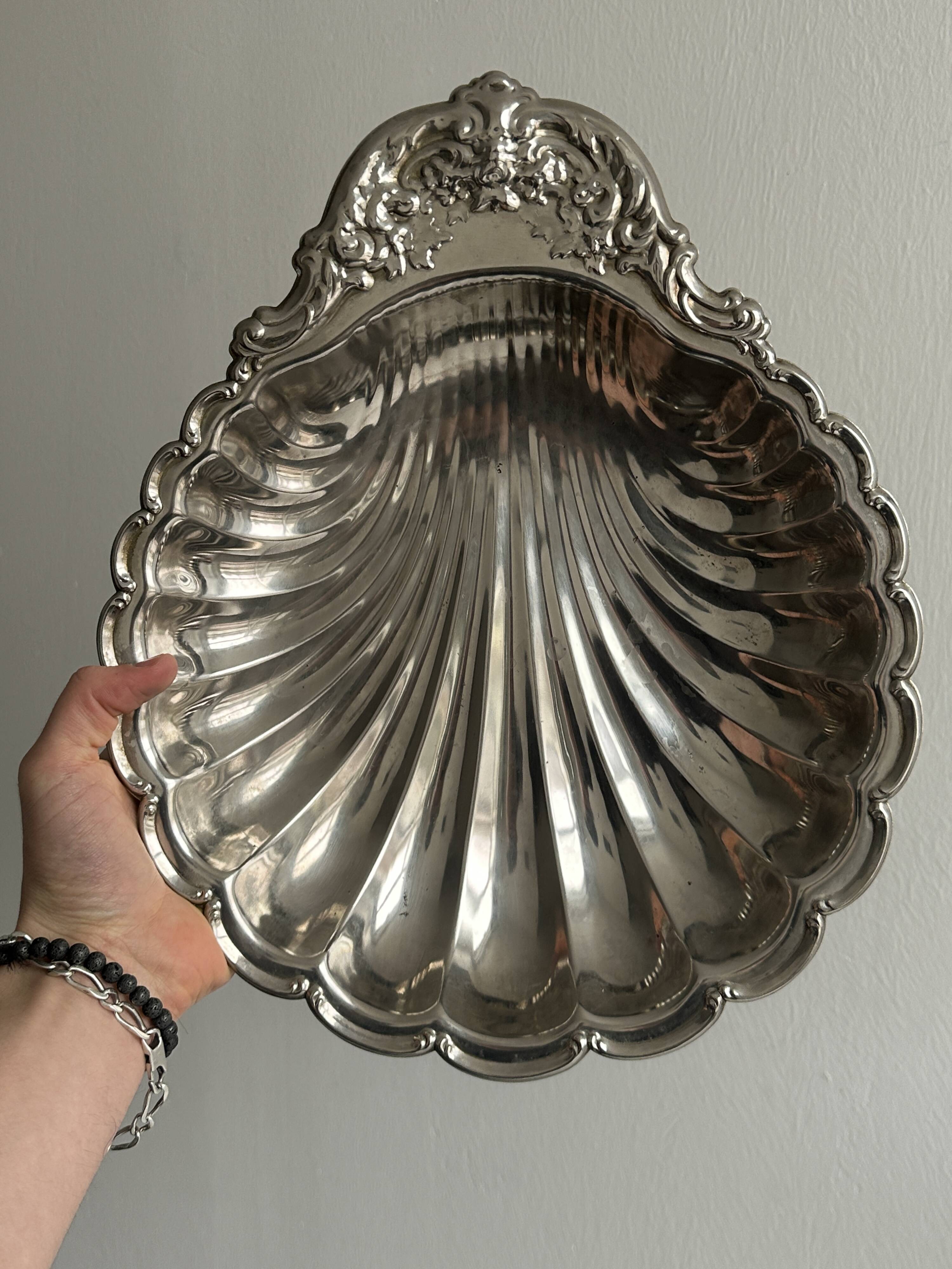 Large silver-plated metal dish, shell shape