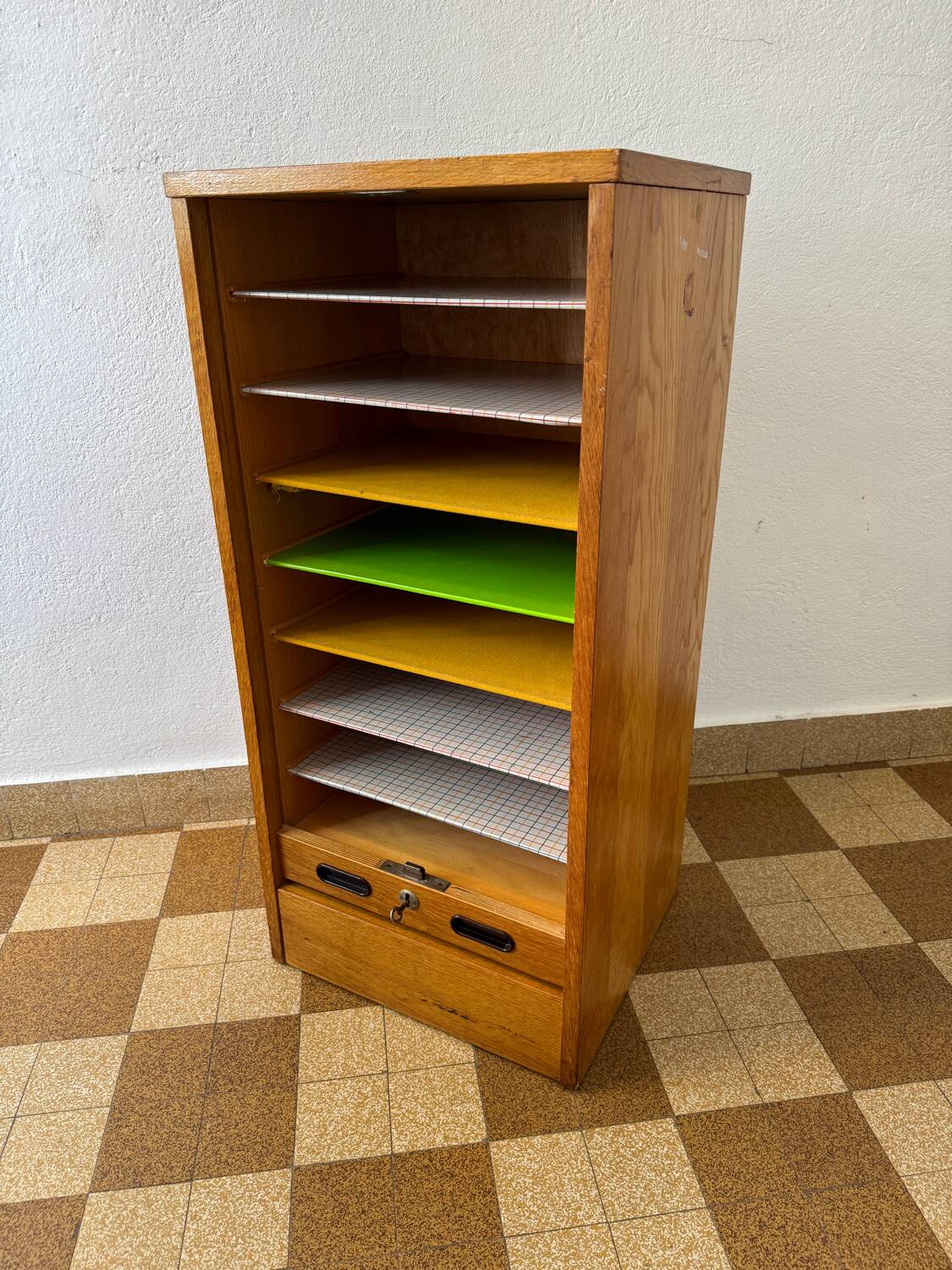 1960s wooden curtain filing cabinet