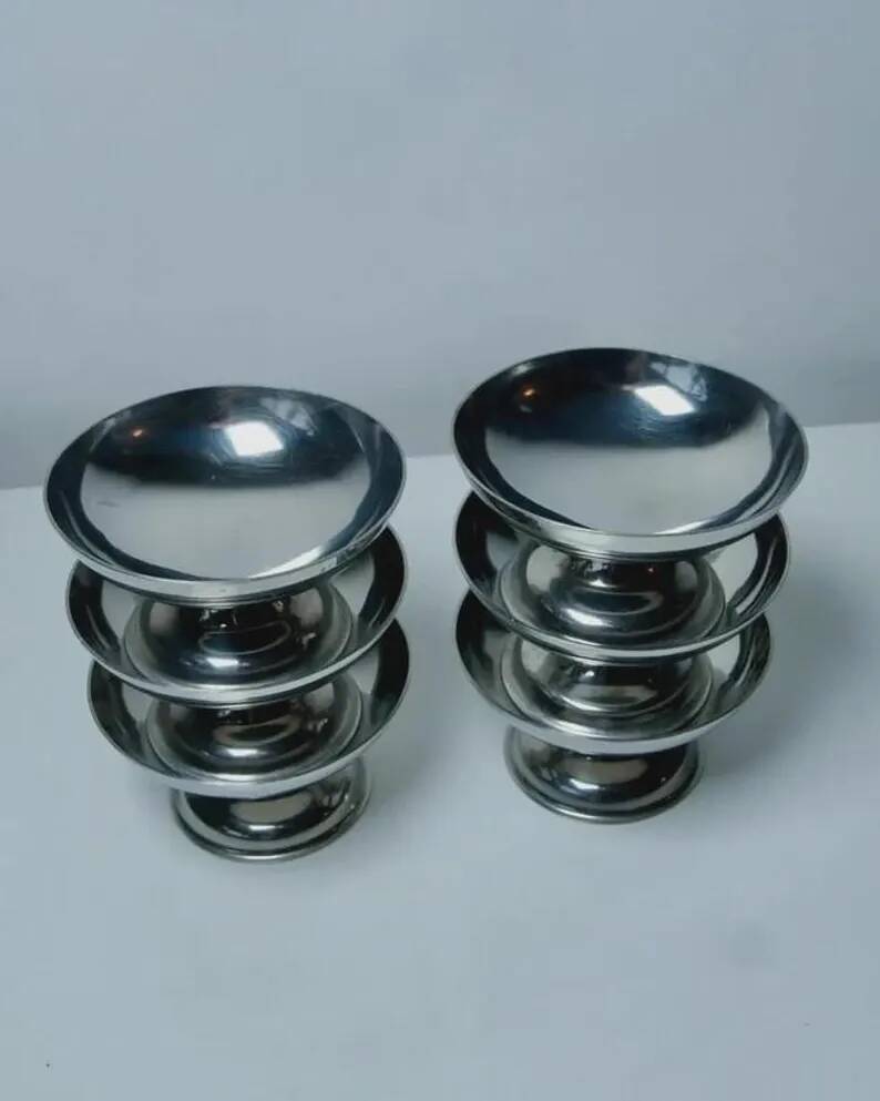 6 Vintage Stainless Steel Ice Cream Bowls | Antique Metal Sorbet Cups | Retro Design Ice Cream | Bistro Kitchen Table Decor | Gift Idea