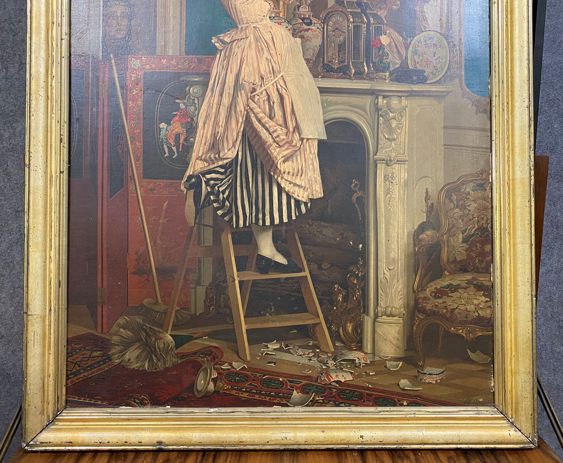 Color chromolithography painting depicting an interior scene circa 1880