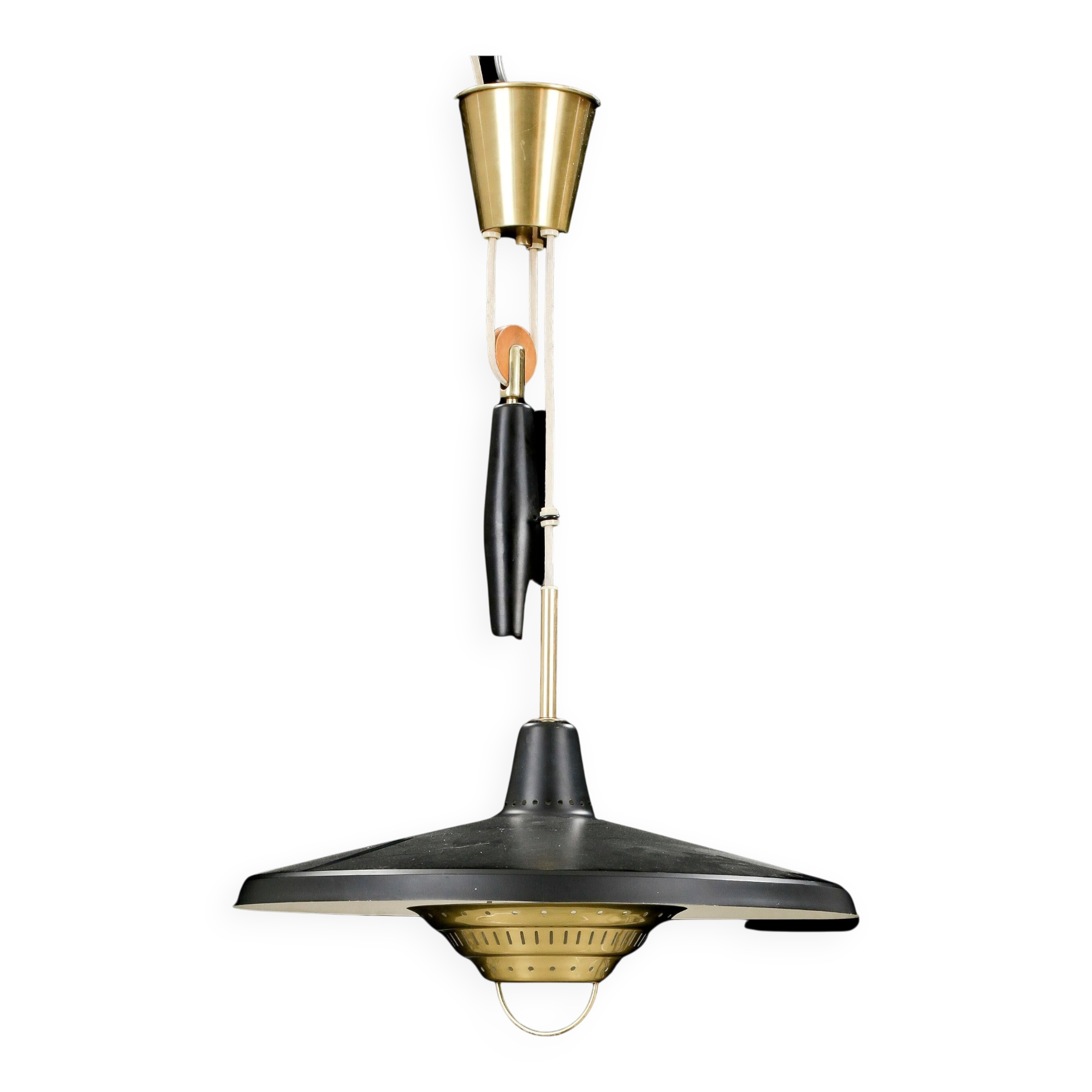 Anonymous suspended lamp with metal black and brass counterweight, Sweden, 1950.