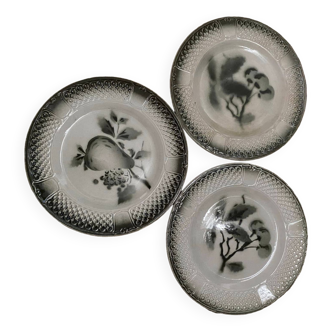 3 Pexonne earthenware dessert plates with fruit decorations (pear, cherries)