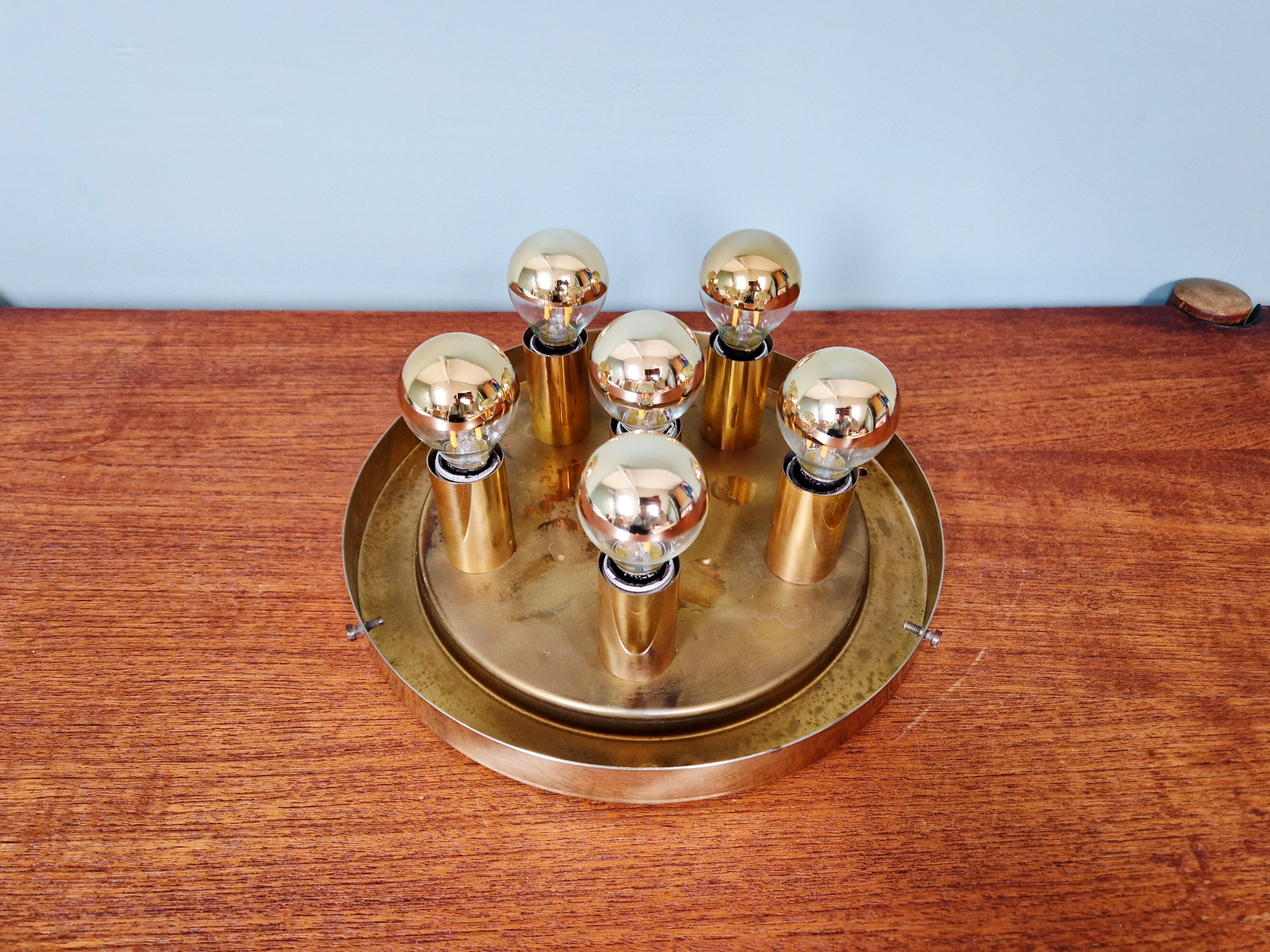 Large brass and blown bubble glass ceiling light, Glashütte Limburg, 1970.