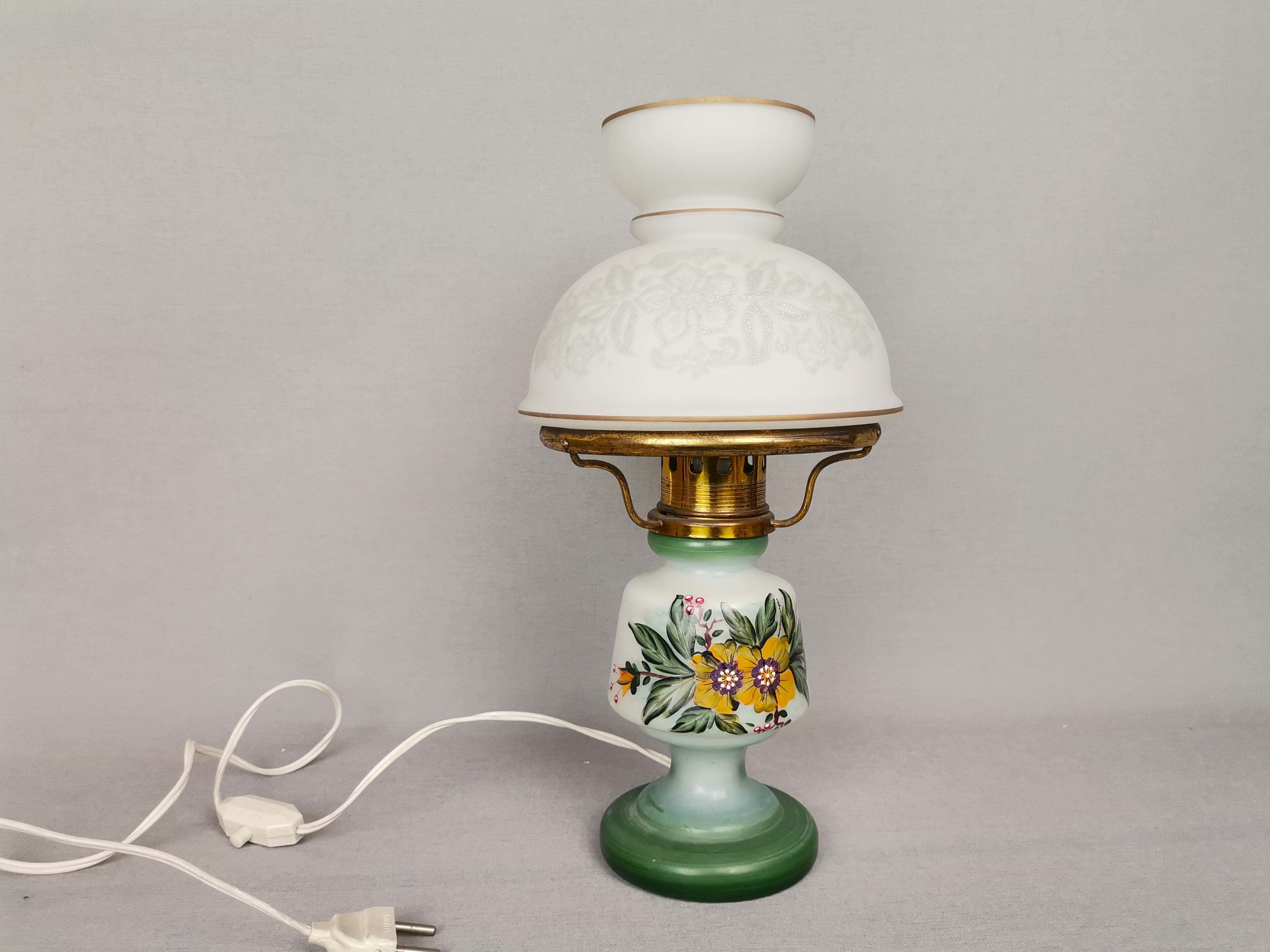 French country 1960s rustic green ceramic and glass vintage table lamp