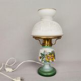 French country 1960s rustic green ceramic and glass vintage table lamp