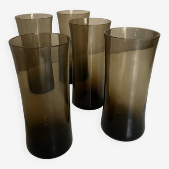 Set of 5 high ball diabolo glasses 1970 in smoked brown glass