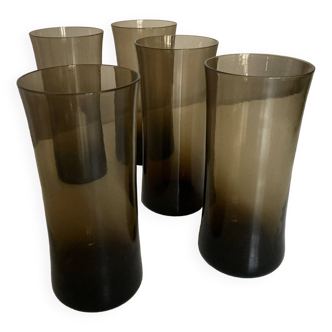 Set of 5 high ball diabolo glasses 1970 in smoked brown glass