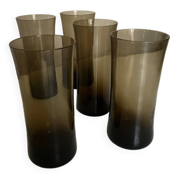 Set of 5 high ball diabolo glasses 1970 in smoked brown glass